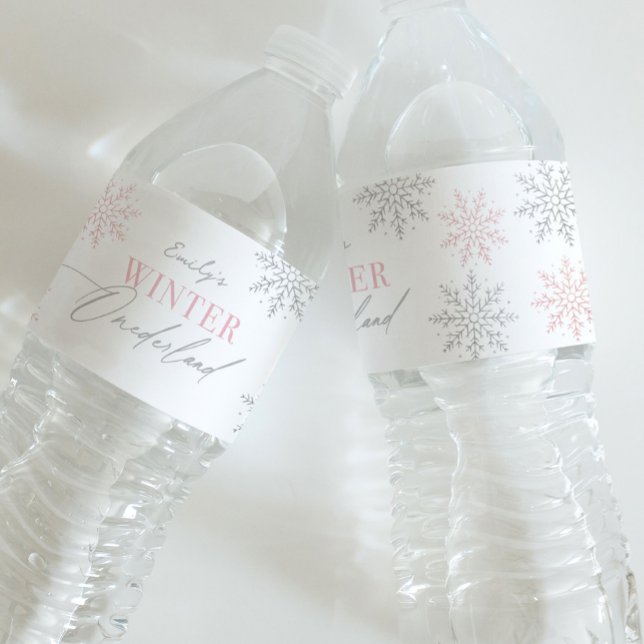 Winter Onederland Silver Pink Glitter 1st Birthday Water Bottle Label (Creator Uploaded)