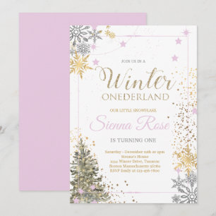 WINTER ONEderland Silver Pink & Gold 1st Birthday  Invitation