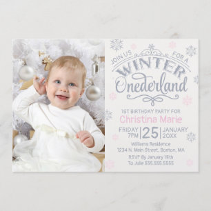 Winter Onederland Silver Pink Snowflake 1st Invitation