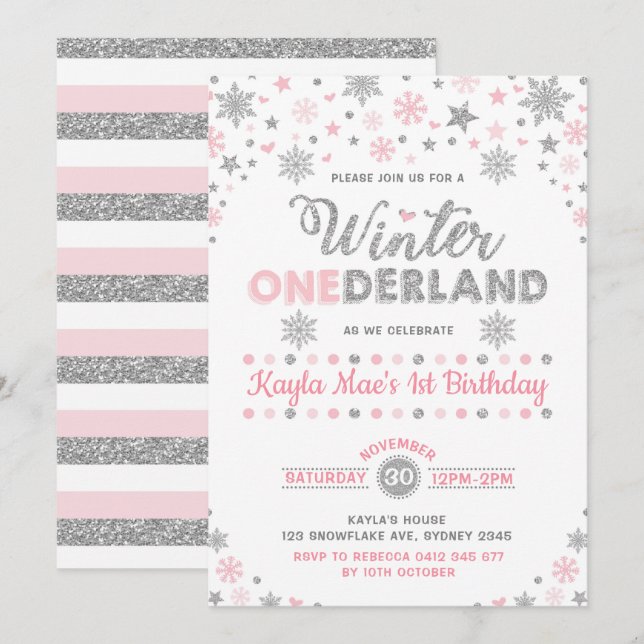 Winter ONEderland Silver Pink Snowflake Birthday Invitation (Front/Back)