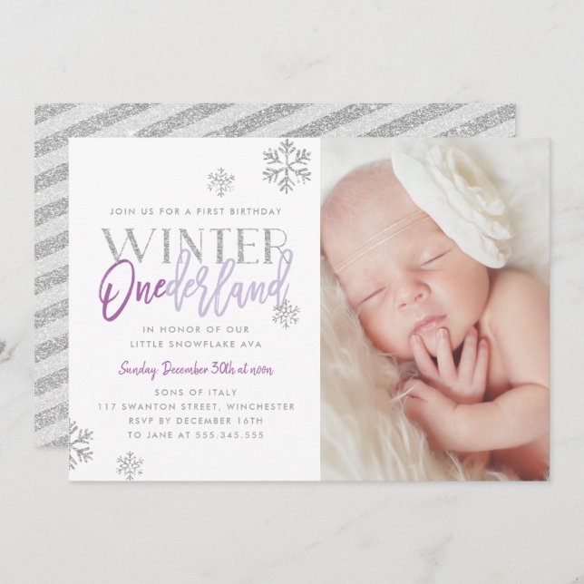 Winter ONEderland Silver Purple 1st Birthday Photo Invitation (Front/Back)