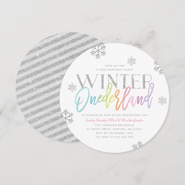 Winter ONEderland Silver Rainbow 1st Birthday Invitation (Front/Back)