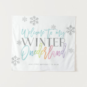 Winter ONEderland Silver Rainbow Welcome Sign Tapestry