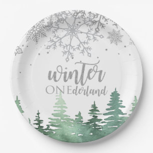 Winter Onederland Silver snowflakes and trees Paper Plate
