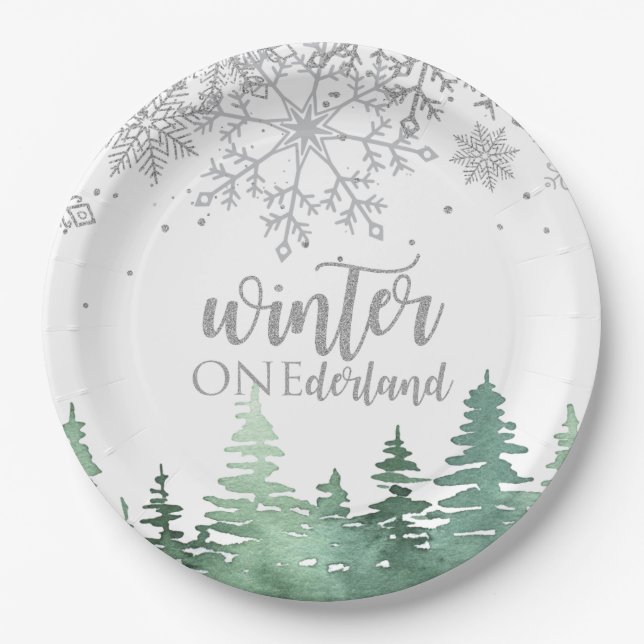 Winter Onederland Silver snowflakes and trees Paper Plate (Front)