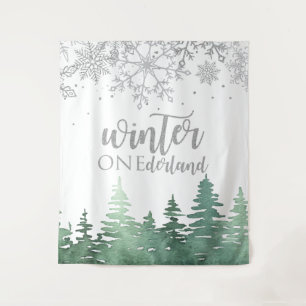 Winter Onederland Silver Snowflakes and Trees Tapestry