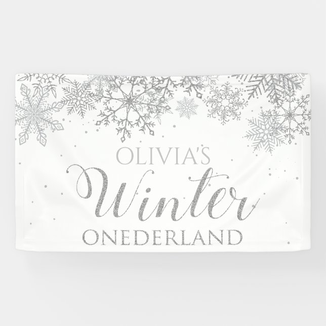 Winter Onederland Silver Snowflakes First Birthday Banner (Horizontal)
