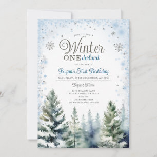 Winter Onederland Silver Snowflakes Tree Birthday Invitation