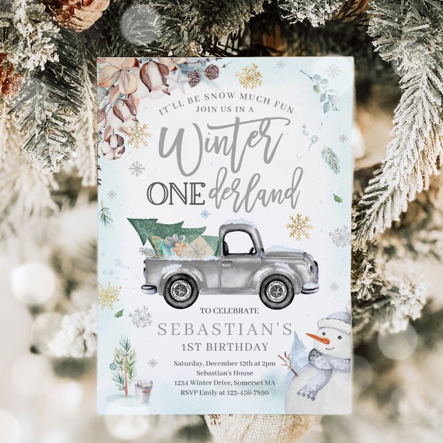 Winter ONEderland Silver Winter Truck Snowman  Invitation (Creator Uploaded)