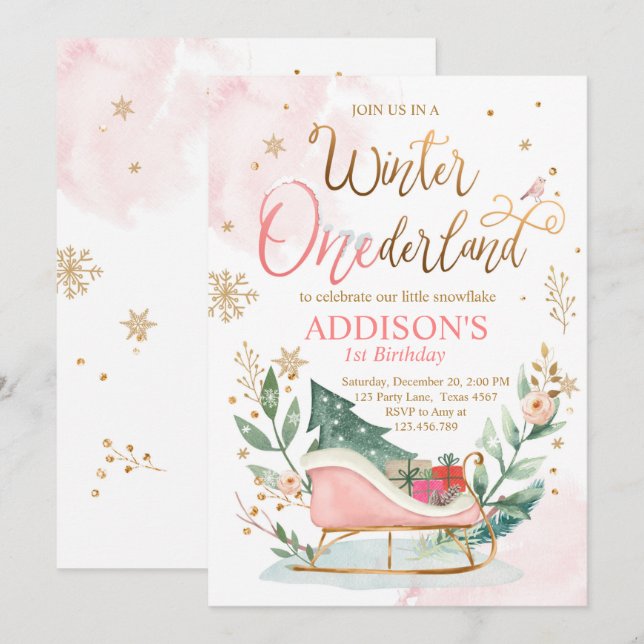 Winter Onederland Sleigh Pink Gold 1st Birthday Invitation (Front/Back)