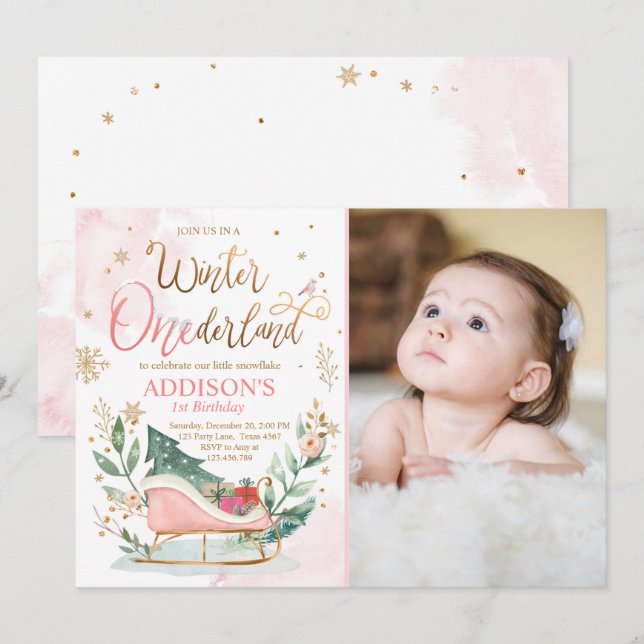 Winter Onederland Sleigh Pink Gold 1st Birthday  Invitation (Front/Back)