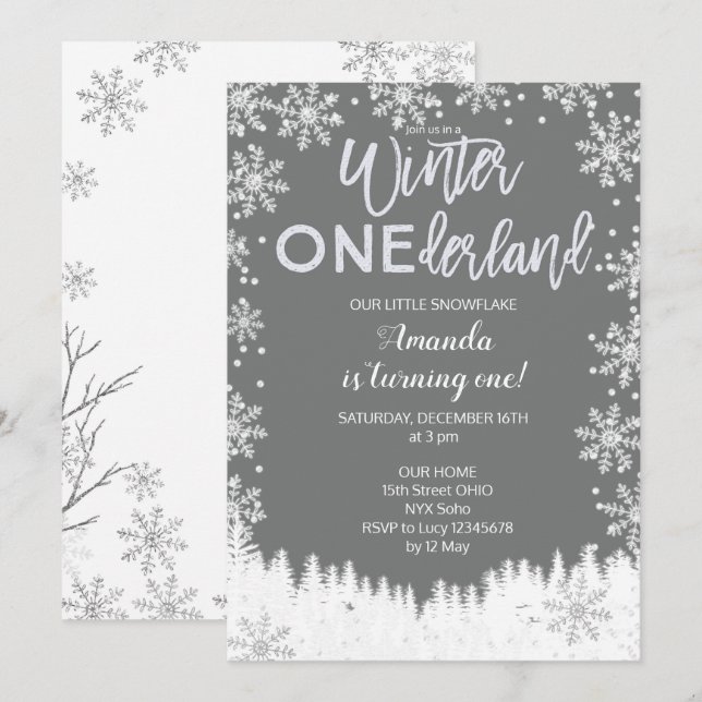 Winter ONEderland Snow Birthday Invite Grey (Front/Back)
