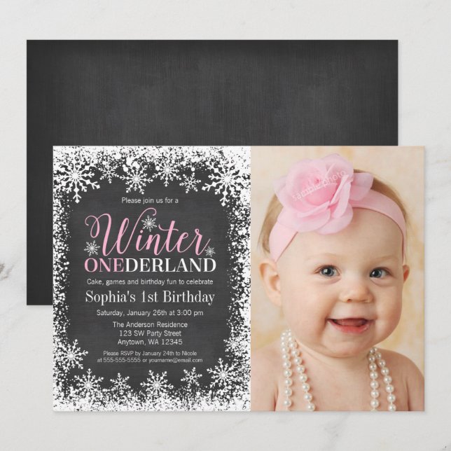 Winter ONEderland Snow Chalkboard 1st Birthday Invitation (Front/Back)