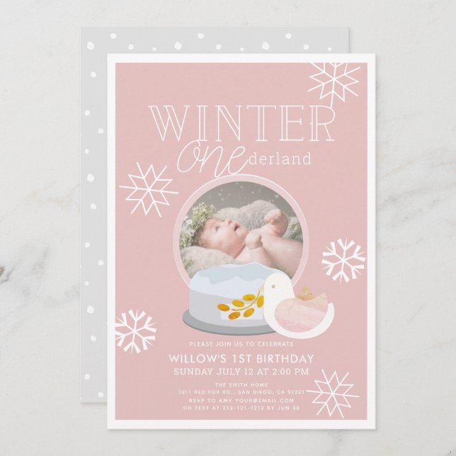 Winter Onederland Snow Globe Pink 1st Birthday Invitation (Front/Back)