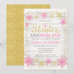 Winter ONEderland Snow Pink Gold 1st Birthday Invitation