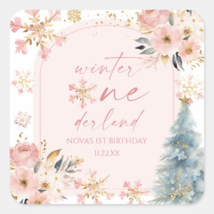 Winter Onederland Snowflake 1st Birthday Party Square Sticker