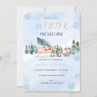 Winter Onederland Snowflake Animal Birthday Invitation