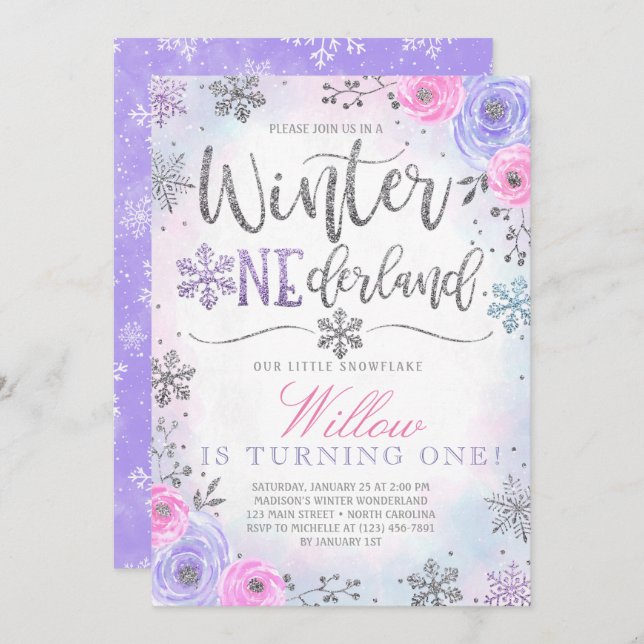 Winter ONEderland Snowflake Birthday Invitation (Front/Back)