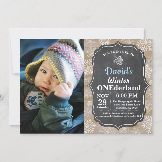 Winter Onederland Snowflake Blue Boy 1st Birthday Invitation (Front)