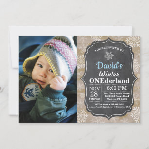 Winter Onederland Snowflake Blue Boy 1st Birthday Invitation