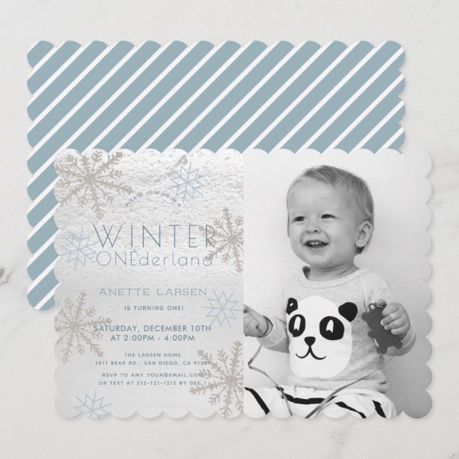 Winter Onederland Snowflake Blue Photo1st Birthday Invitation (Front/Back)