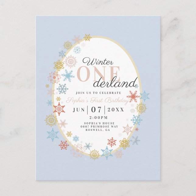 Winter Onederland Snowflake First Birthday Invitat Postcard (Front)