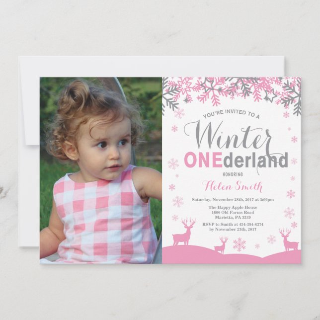Winter Onederland Snowflake Girl 1st Birthday Invitation (Front)