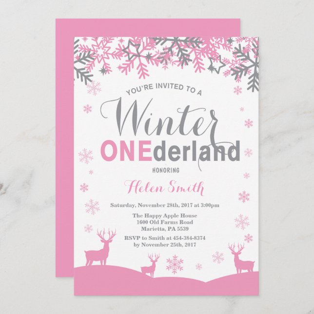 Winter Onederland Snowflake Girl 1st Birthday Invitation (Front/Back)
