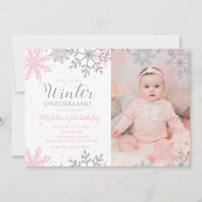Winter ONEderland Snowflake Photo Invite (Front)