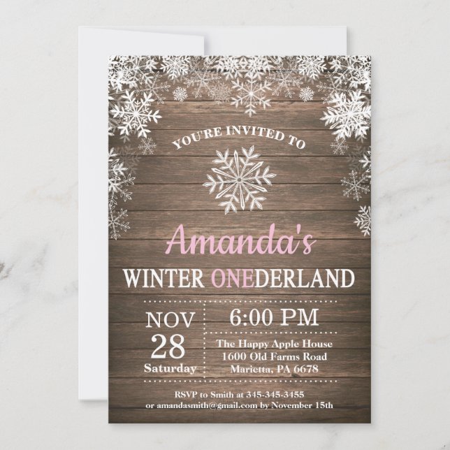 Winter Onederland Snowflake Pink Girl 1st Birthday Invitation (Front)