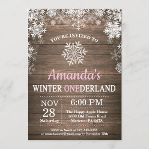 Winter Onederland Snowflake Pink Girl 1st Birthday Invitation