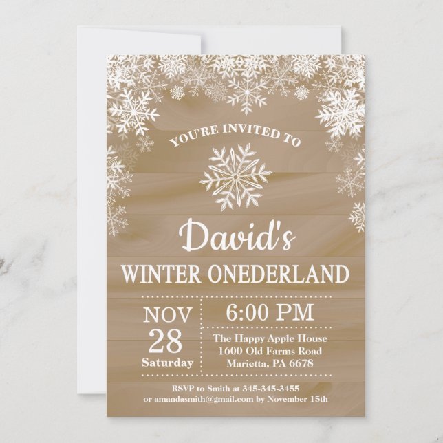 Winter Onederland Snowflake Rustic 1st Birthday Invitation (Front)