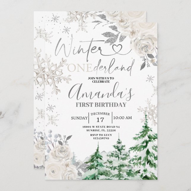 Winter Onederland Snowflake White Floral Birthday  Invitation (Front/Back)