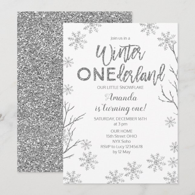Winter ONEderland Snowflakes Birthday Invite (Front/Back)