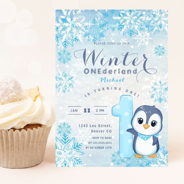 Winter Onederland Snowflakes Blue Boy 1st Birthday Invitation (Creator Uploaded)