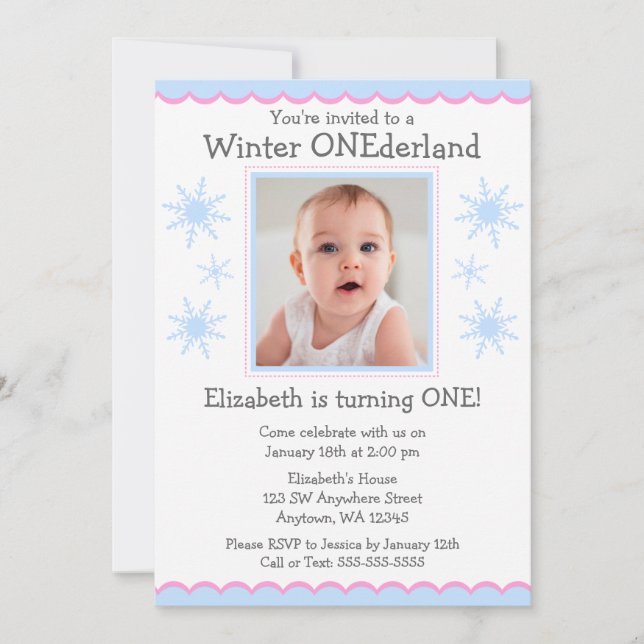 Winter Onederland Snowflakes Photo Birthday Party Invitation (Front)