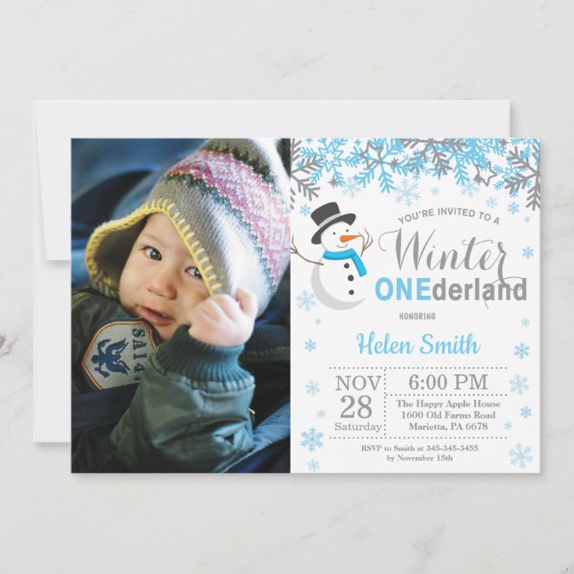 Winter Onederland Snowman Boy 1st Birthday Invitation (Front)