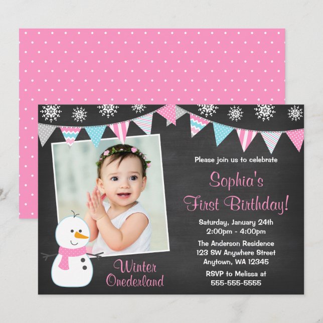 Winter Onederland Snowman Chalkboard 1st Birthday Invitation (Front/Back)