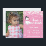 Winter Onederland Snowman Girl 1st Birthday Invitation<br><div class="desc">Winter Onederland Snowman Girl 1st Birthday Invitation with custom photo. White Snowflake. Girl Birthday Party Invitation. Winter Holiday Bday. Pink Background. For further customisation,  please click the "Customise it" button and use our design tool to modify this template.</div>