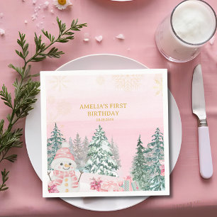 Winter ONEderland Snowman Girl 1st Birthday Pink Napkin