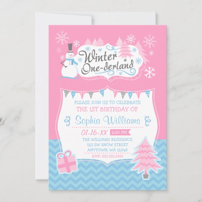 Winter Onederland Snowman Pink Blue 1st Birthday Invitation (Front)