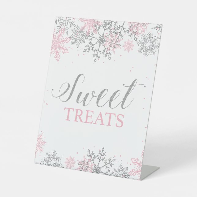 Winter Onederland Sweet Treats Pink Silver Pedestal Sign (Front)
