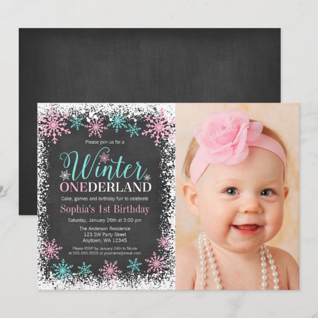 Winter ONEderland Teal Chalkboard 1st Birthday Invitation (Front/Back)