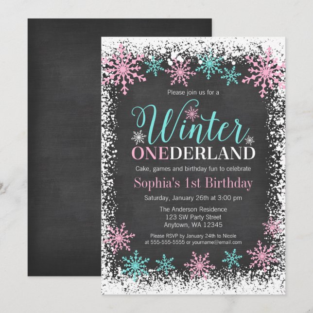 Winter ONEderland Teal Chalkboard 1st Birthday Invitation (Front/Back)