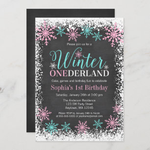 Winter ONEderland Teal Chalkboard 1st Birthday Invitation