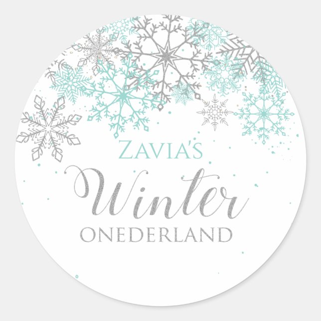 Winter Onederland Teal Silver First Birthday Classic Round Sticker (Front)