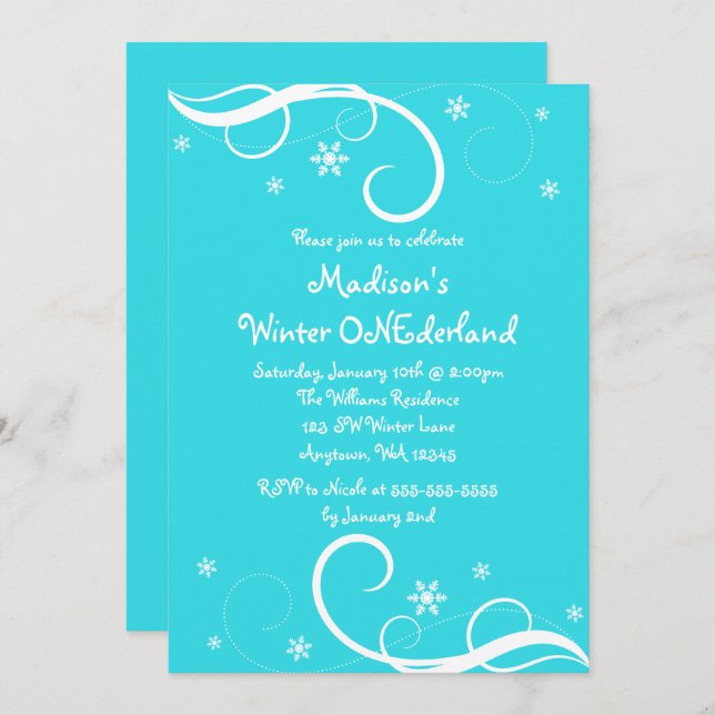 Winter ONEderland Teal Swirl Snowflakes Invitation (Front/Back)