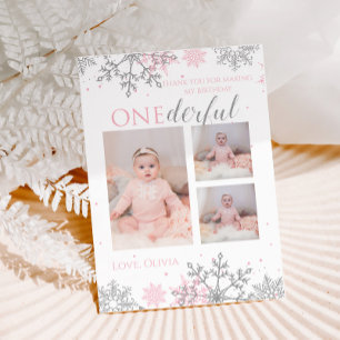 Winter ONEderland Thank You pink Silver Snowflakes Card