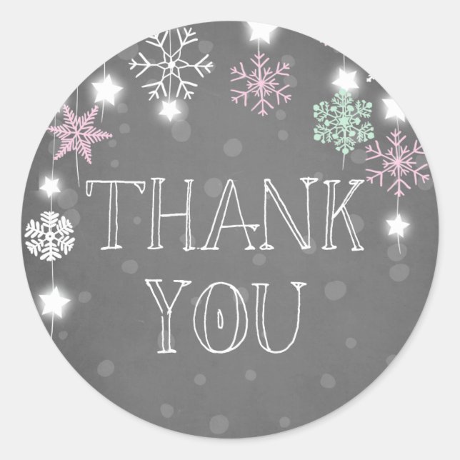 Winter onederland Thank you Snowflakes Pink Winter Classic Round Sticker (Front)