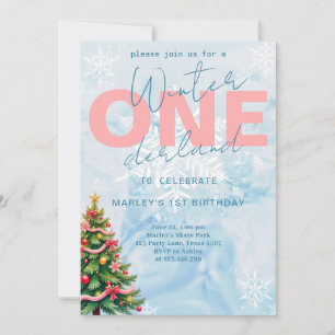 Winter ONEderland Tree snow blue 1st birthday Invitation